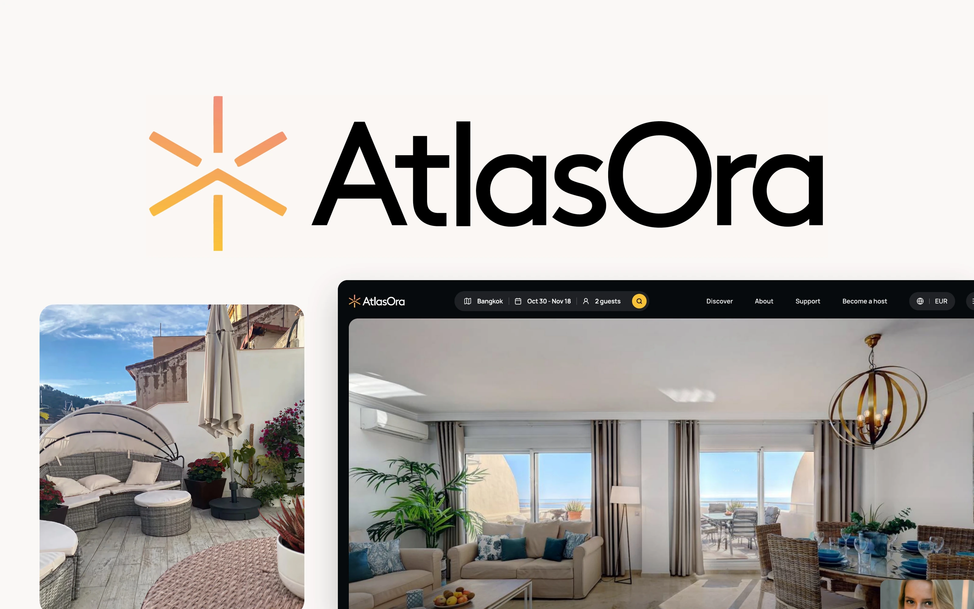 Original AtlasOra identity, sunlit terrace and property listing design