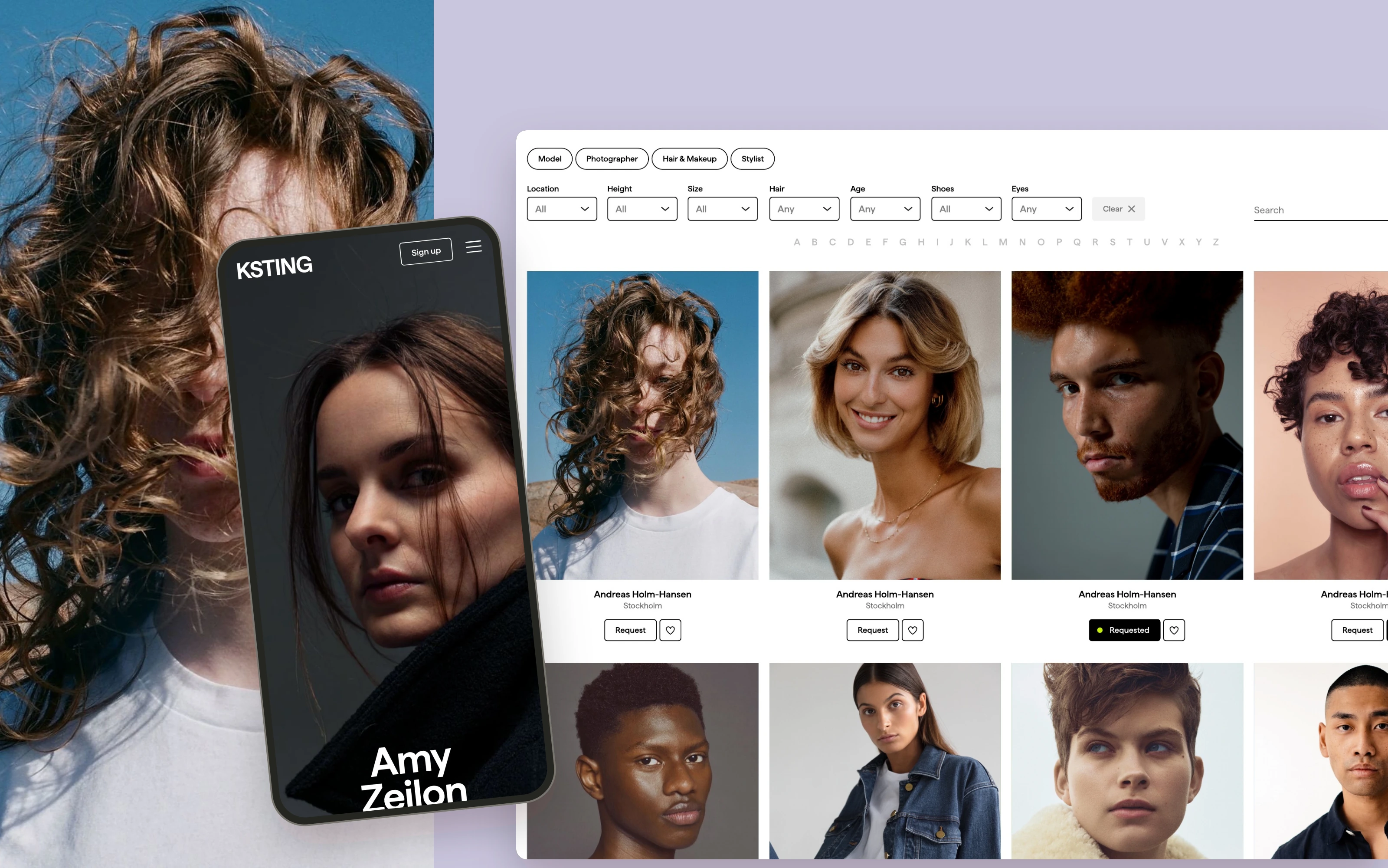 Ksting talent discovery and profile interfaces with editorial portrait photography
