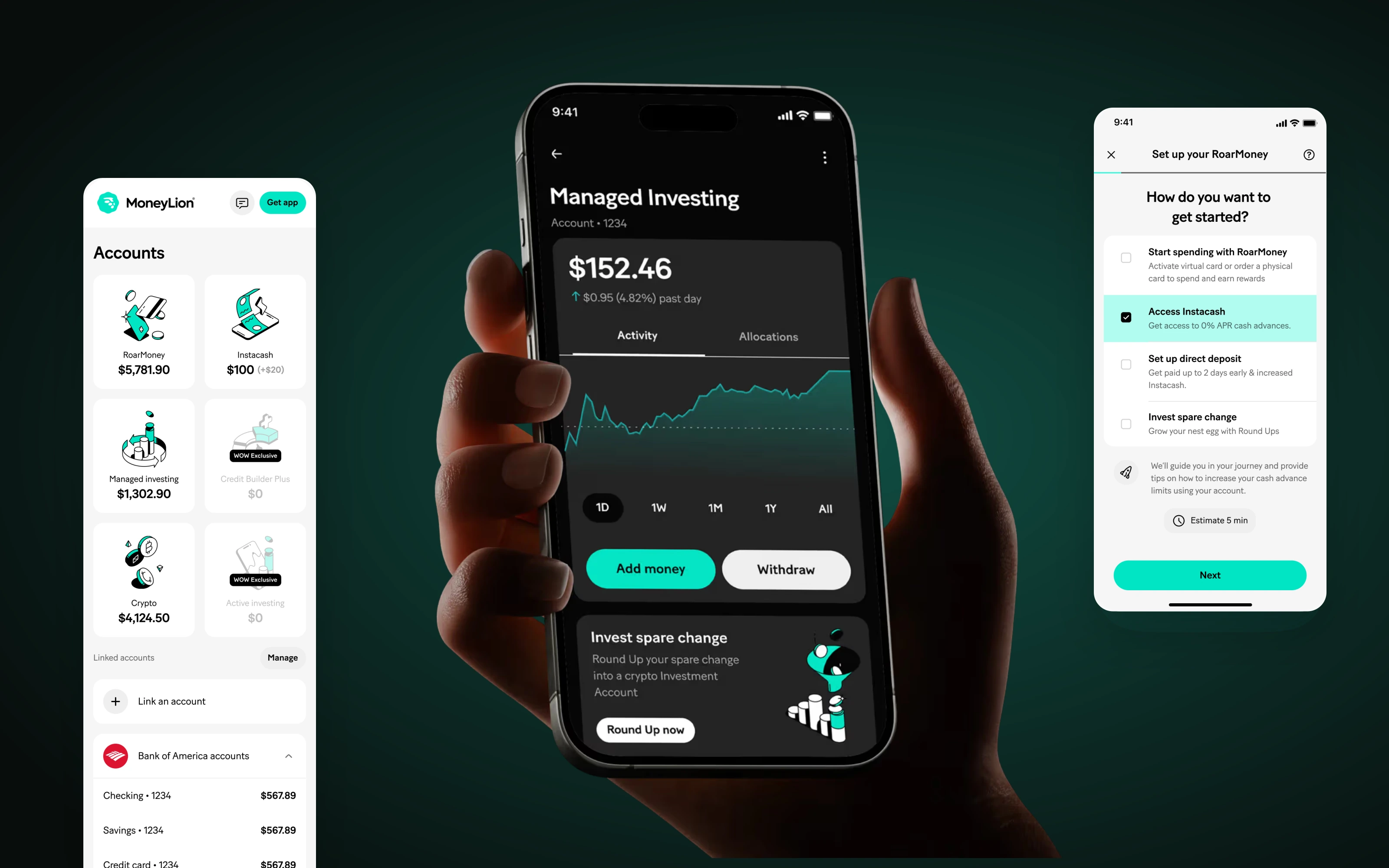 MoneyLion account and onboarding screens around a hand holding an investing interface