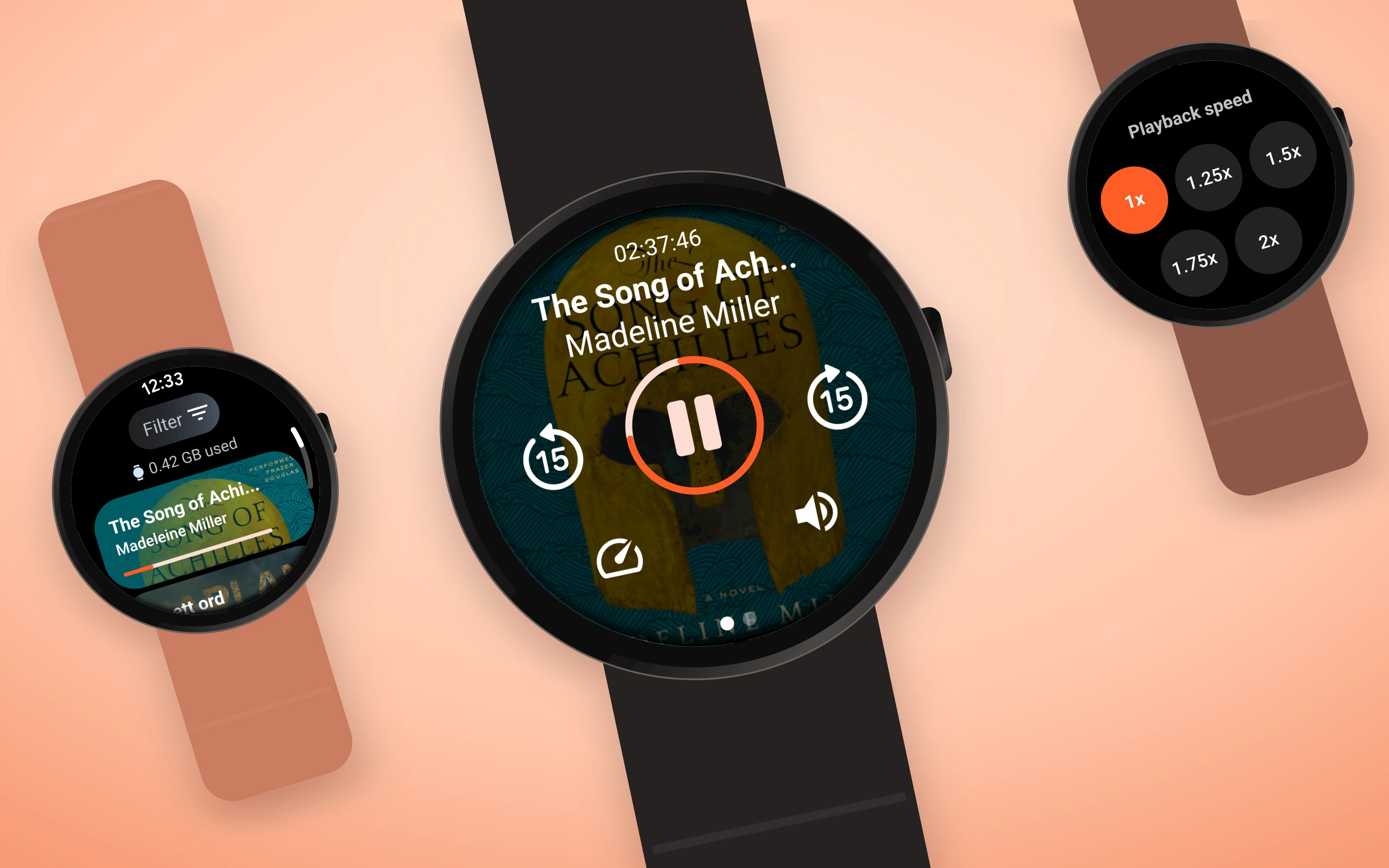 Storytel bookshelf and playback interfaces presented on round watches