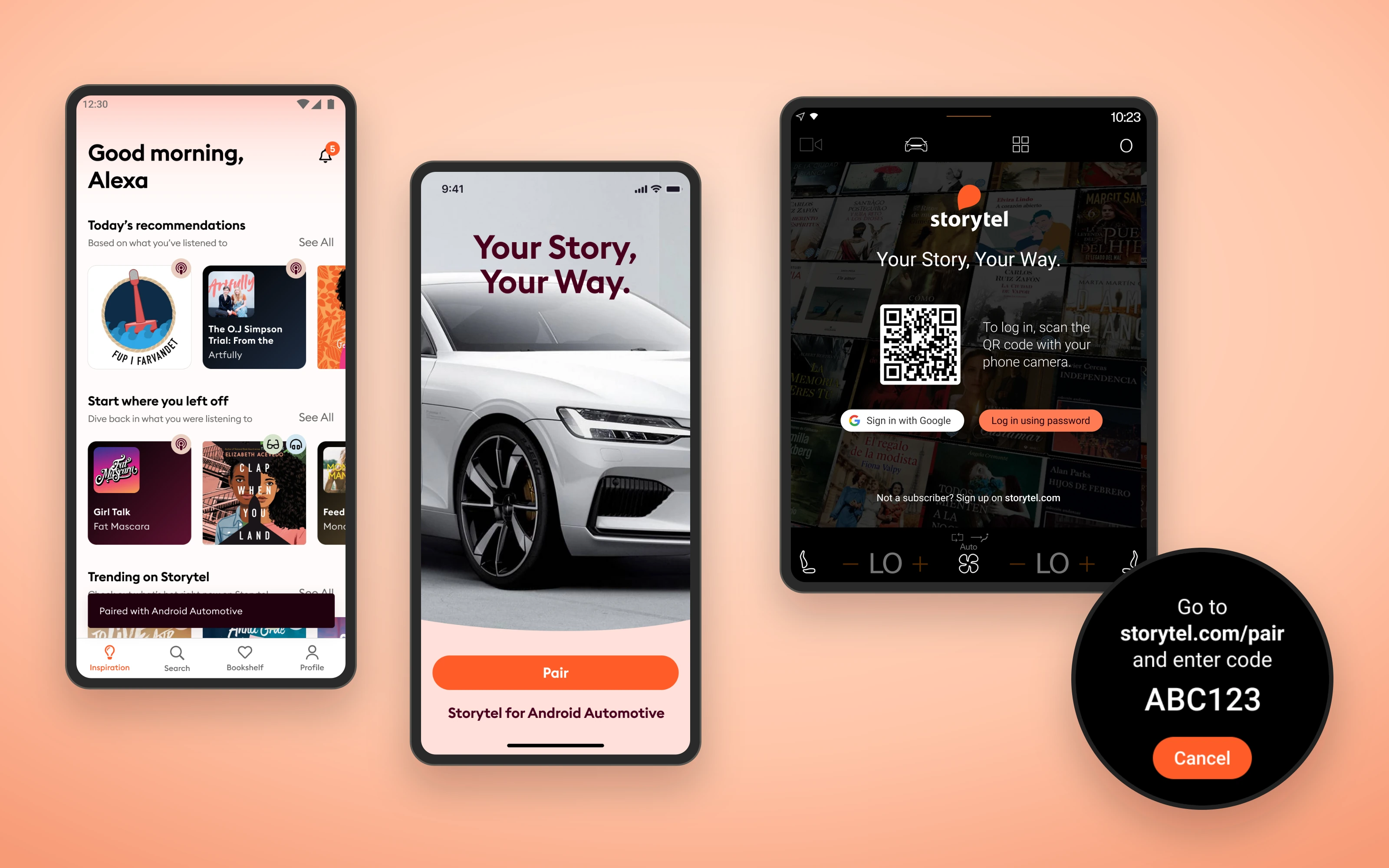 Storytel mobile home, automotive pairing, in-car sign-in and a watch pairing code