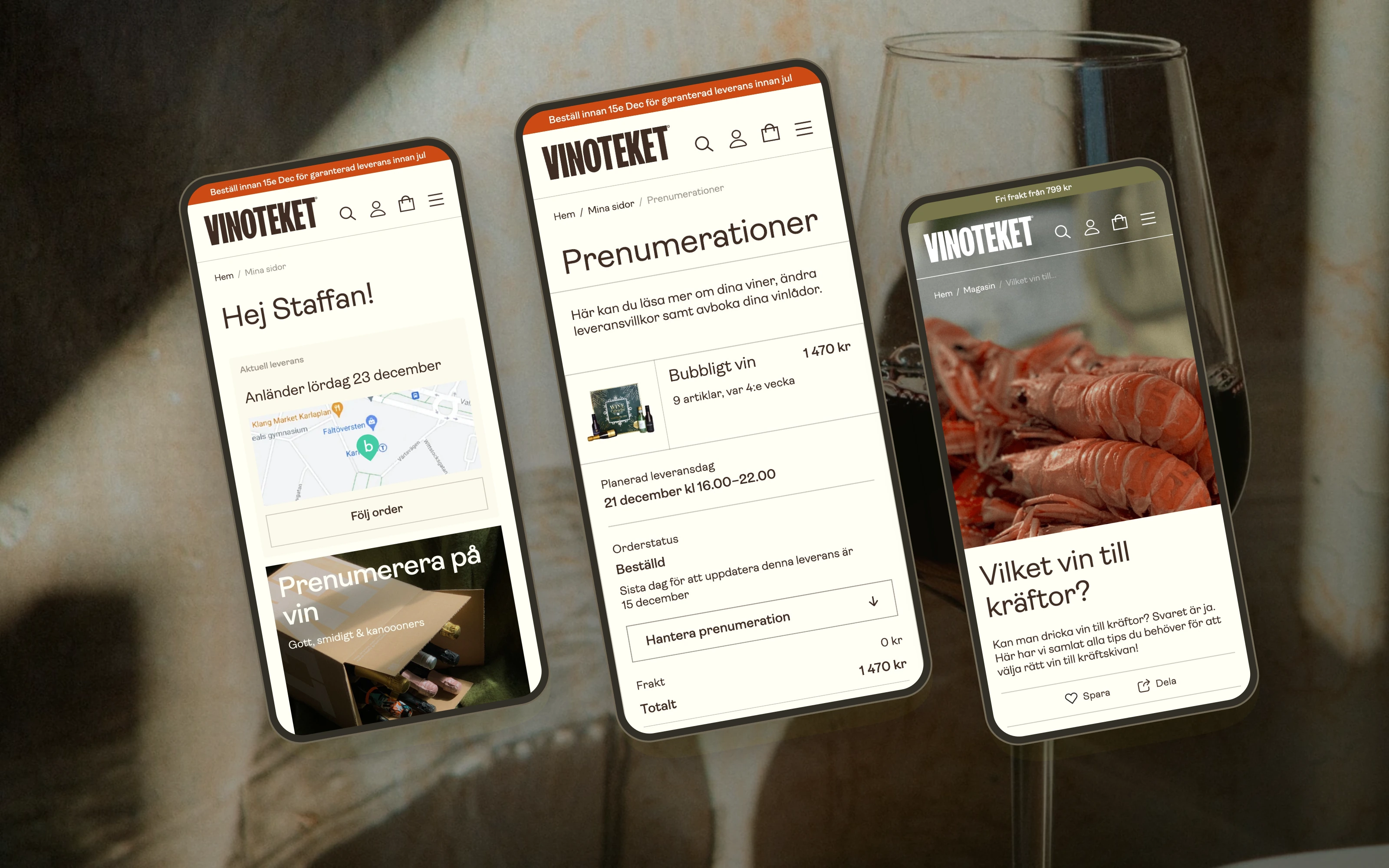 Vinoteket account, subscription and editorial interfaces against sunlit wine photography